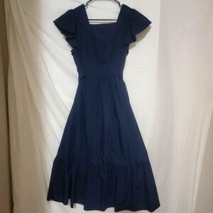 Blue, size large mid-calf length, backless dress with loose ruffle short sleeve.